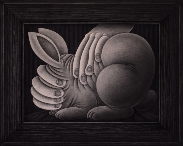 black and white painting of two hands holding a rabbit with a black frame