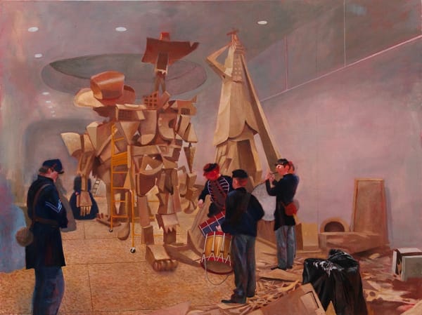 Painting of a studio set with several actors dressed as civil war soldiers surrounding a cardboard puppet