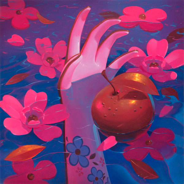 Megan Ellen MacDonald "Ophelia" oil painting of hand coming out of water reaching for red apple, surrounding pink flowers