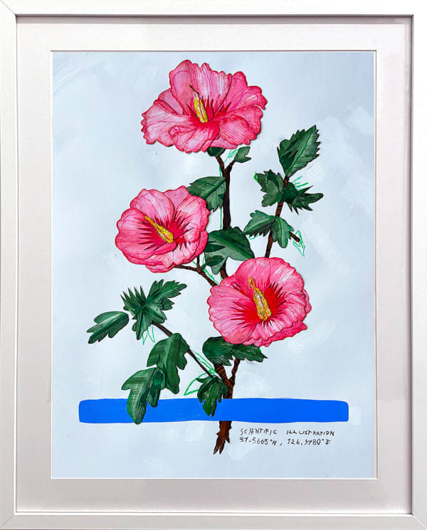 framed David Heo collage of three pink flowers on a branch