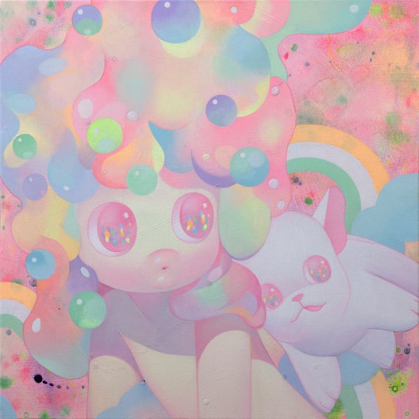 So Youn Lee painting of childlike figure and white bulldog in pastel tones