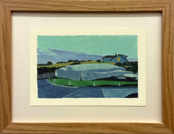 framed painting of a home and landscape with pale yellow border