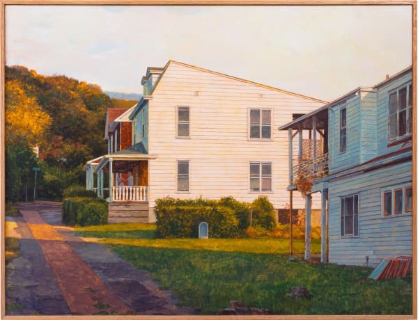 Painting of two old white houses on of a dirt road with grass and bushes in the front yard. On one of the porches, a man is cutting another mans hair.