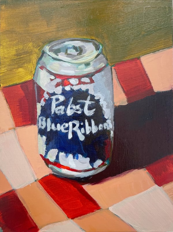 Painting of a Pabst Blue Ribbon can on a table with a red and pink table clothe