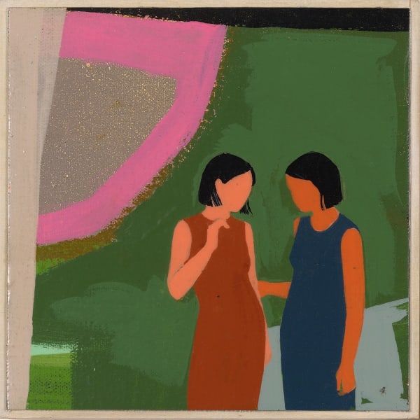 two faceless woman facing each other over a green and pink abstract background