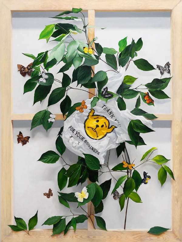 painting of a plastic bag caught on a tree branch with dog butterfly hybrids flying around