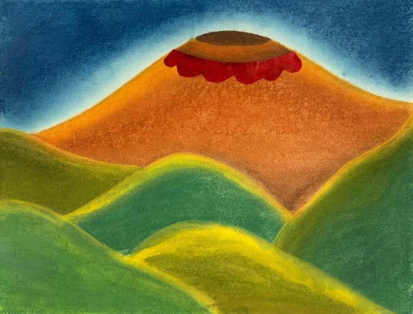pastel drawing by Bianca Nemelc of a mountain and smaller green hills