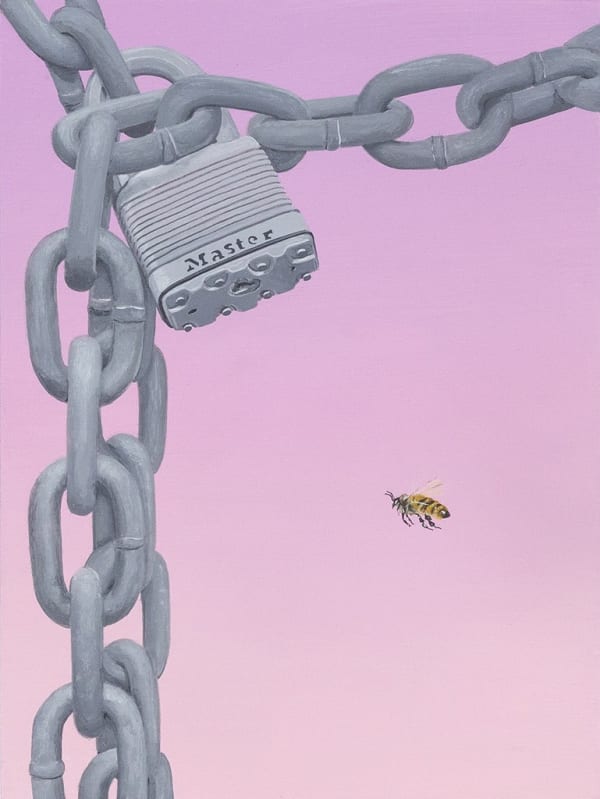 Painting of a bumble bee flying next to a chain with a Master lock on a lavender sky background by John Slaby.