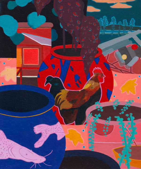 Francisco Diaz Scotto (Pastel) painting of a group of colorful vases and plants growing out of them