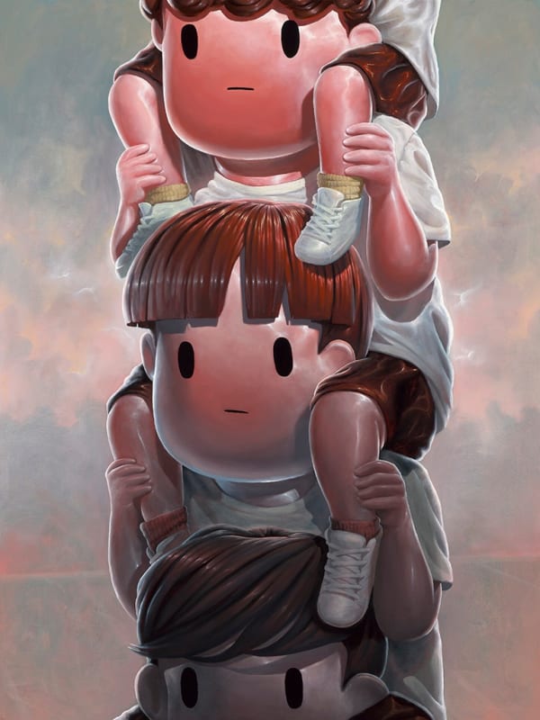 painting of children sitting on eachothers shoulders
