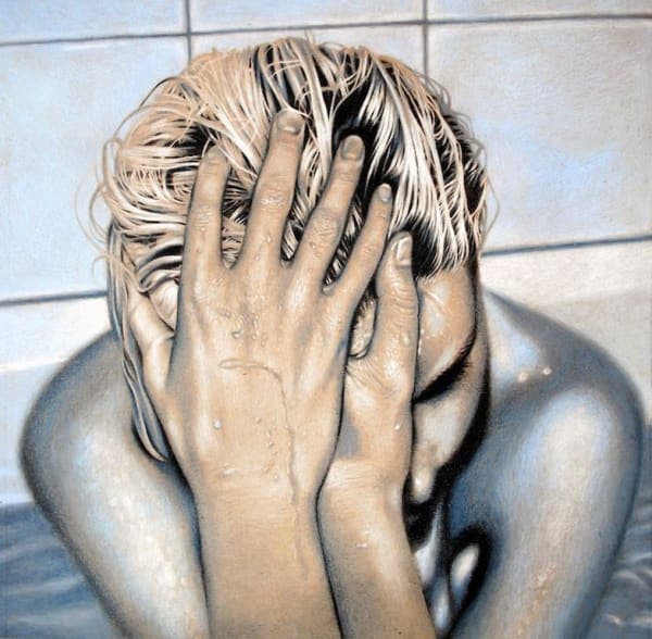 Linnea Strid painting of figure in tub with hands in hair covering face