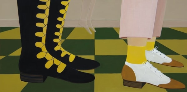 Angela Burson painting depicting two pairs of feet standing on a green and yellow checkerboard floor. Between them is a faintly visible pair of small floating feet.