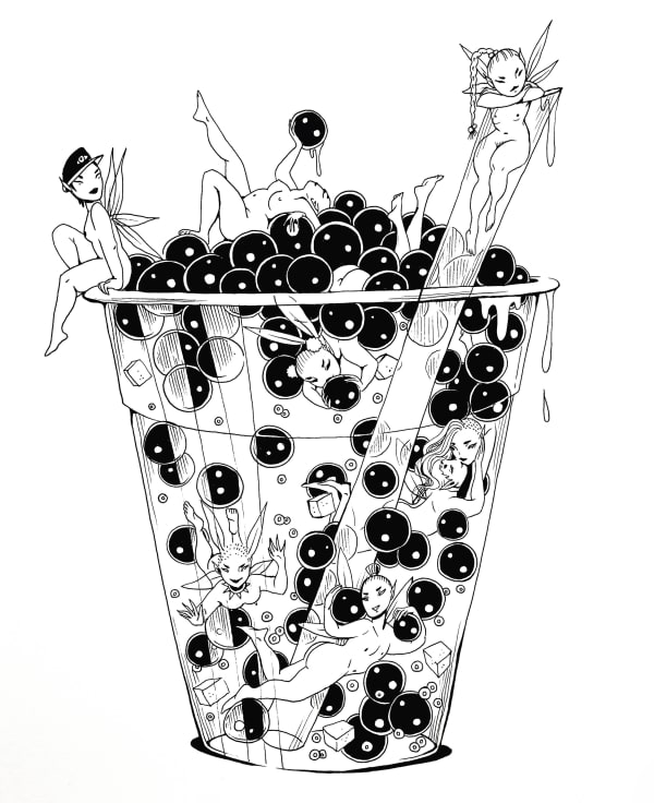 Lauren YS - black and white drawing of a cup of boba with nude fairy like sprites