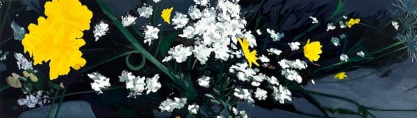 painting of yellow and white flowers emerging from cracked pavement