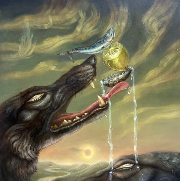 Painting of a dog with a fish stacked on top of a lemon and an oyster in its mouth