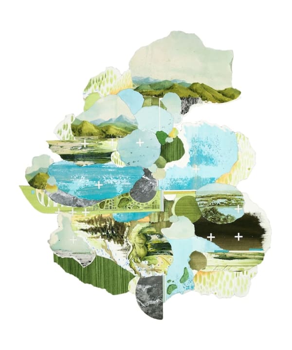 Multimedia collage of earthy elements, drawings, and paintings, in blue and green with a white frame