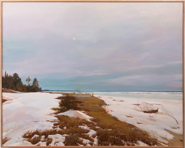 Landscape painting of a frozen lake with an above ground pool that is has a small fire in it and two people in hazmat suites are standing near the ledge