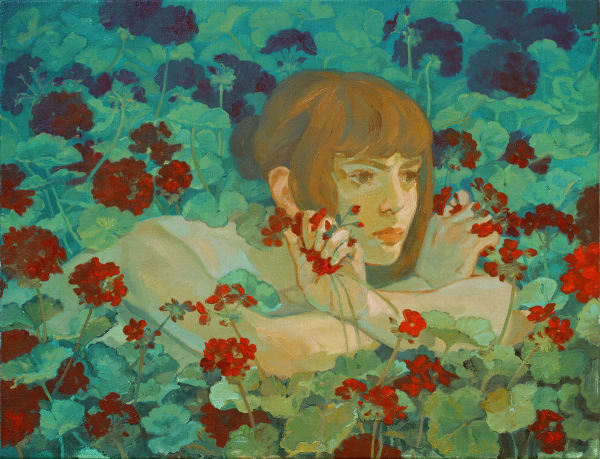 Rachel Gregor painting in green and red tones of woman in flower field, head draped across arms