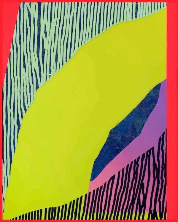 Rachel Strum paint and resin piece, abstract shapes in neon yellow, blue, purple, pink and orange with dark line accents
