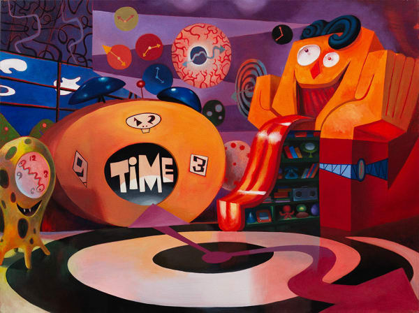 Painting of a studio set with a black and white swirling floor, a slide that is a long tongue coming out of a figures mouth, and veiny eye ball clock