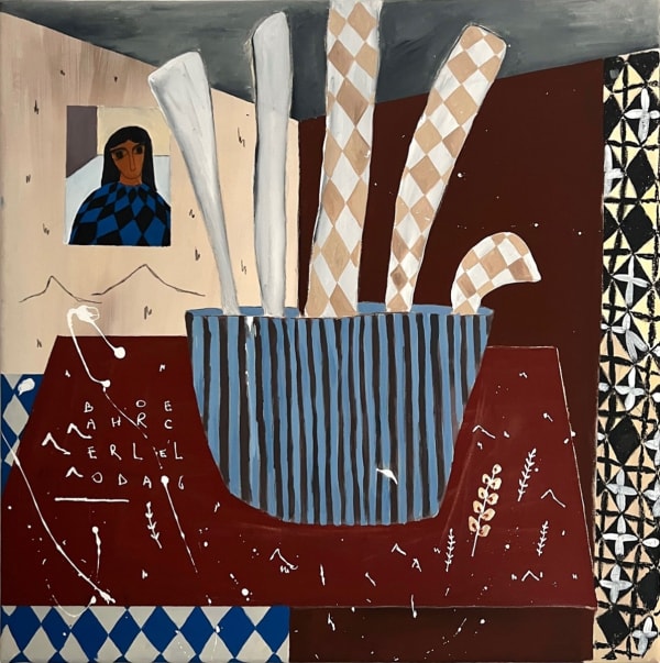 collages image of a vase on a deep red table