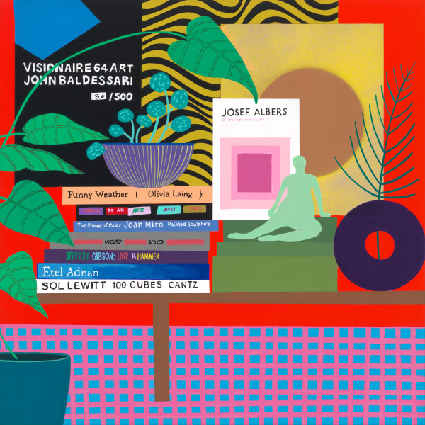 Mary Finlayson, Books with Reclining Figure Sculpture in a Red Room, 2022