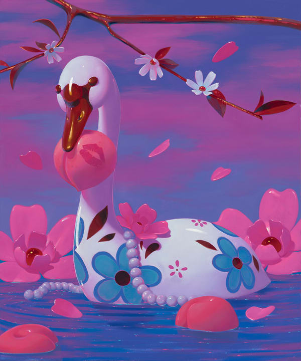 Megan Ellen MacDonald "Guilty Pleasure" painting of swan floating in water with flowers and pearls