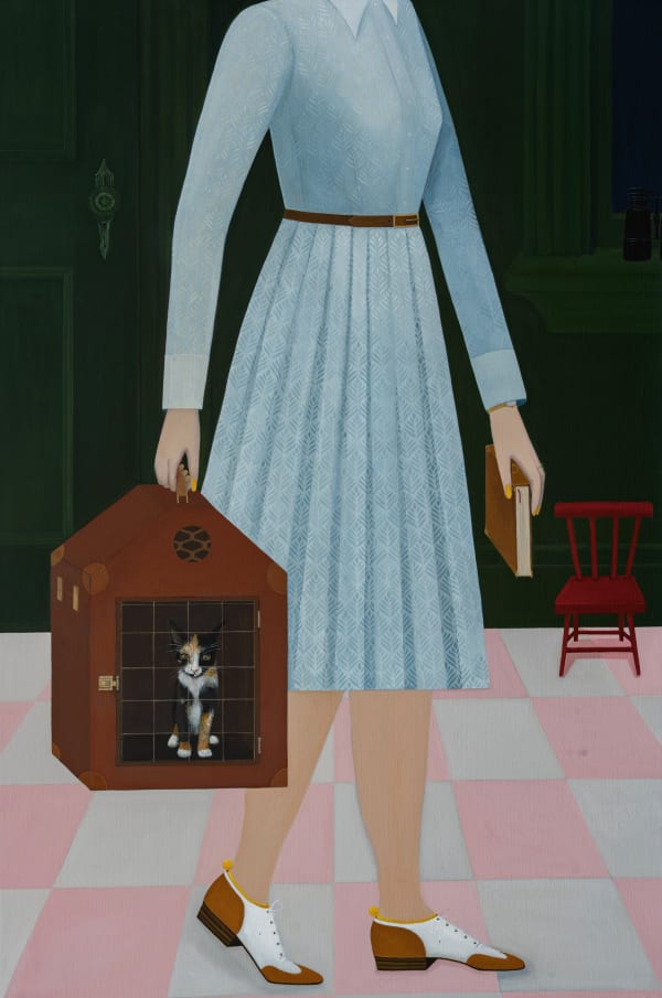 painting of a woman from the neck down, she is wearing a blue pleated dress and walking and holding a cage with a cat and a book with a pink checkered floor and green walls