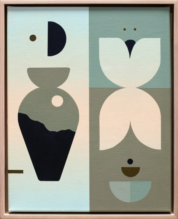 Painting by Madeleine Tonzi with a muted green, blue, and orange palette. The canvas is split, with a vase like figure on the left and a butterfly like figure on the right