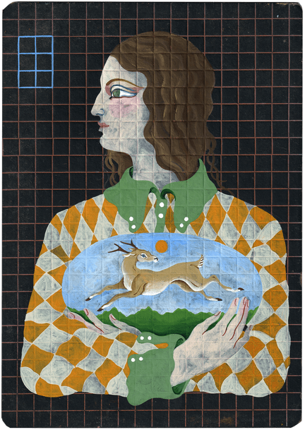 painting by artist Lou Benesch depicting a person wearing a checkered shirt, holding an oblong shape containing a frolicking deer as they face towards the left