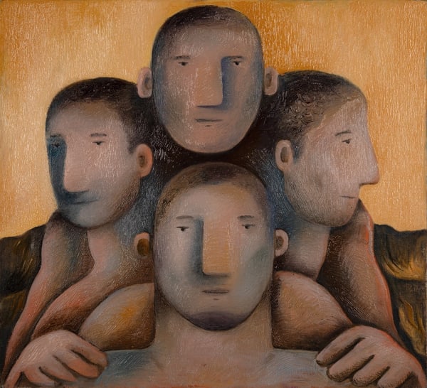 Painting of four means heads together