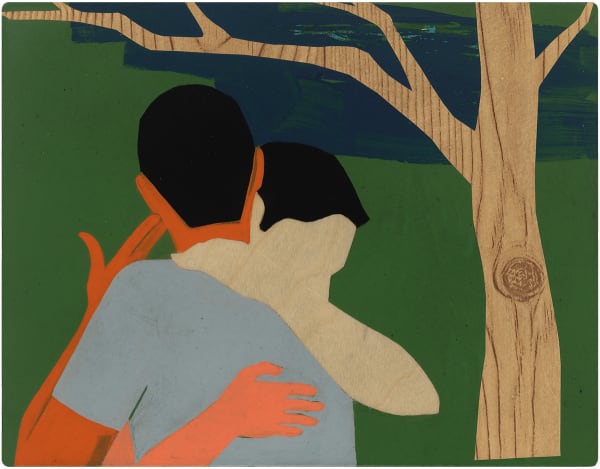 two faceless figures embracing over a dark green background