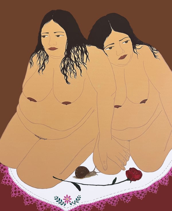 painting of two large nude women kneeling on an embroidered, lacy cloth with a single red rose and brown snail between them by Gina M. Contreras