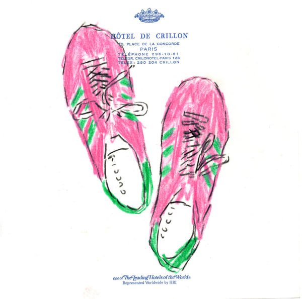 drawing by Michael McGregor of pink and green Gucci Gazelle sneakers on Hotel de Crillon stationary