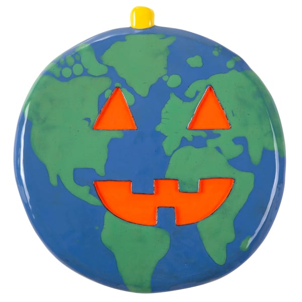 Lorien Stern - ceramic sculpture of jack o' lantern face with globe pattern
