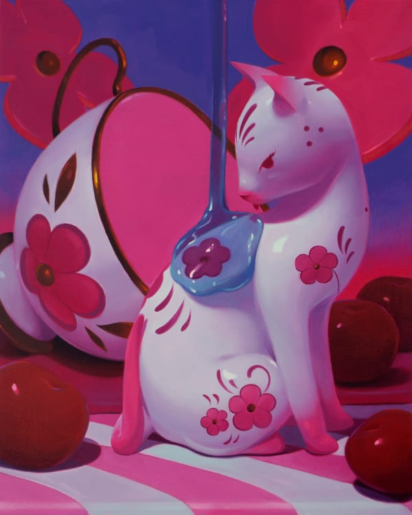 Megan Ellen MacDonald "Wet" oil painting of white and pink ceramic cat figurine with teacup in background