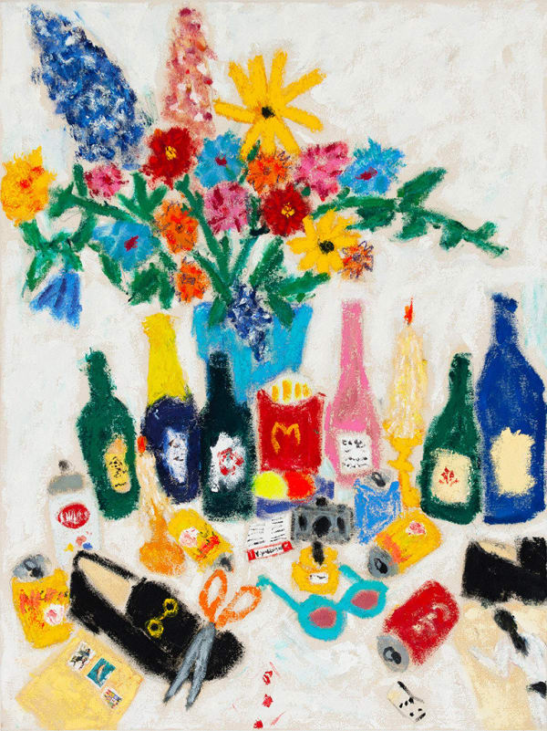 painting by Michael McGregor of colorful objects including bottles, flowers, shoe, glasses, scissors, etc