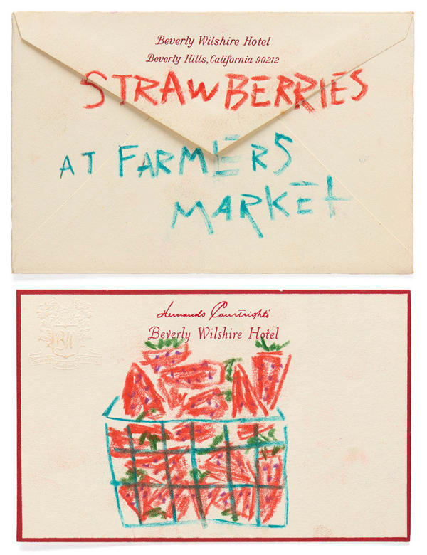 Drawing of a basket of strawberries on hotel stationery and the words Strawberries at Farmers Market on an envelope
