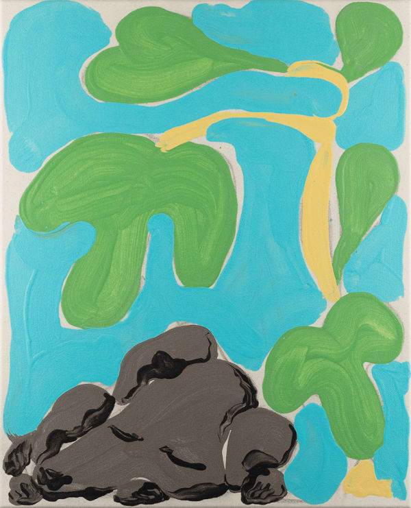 Painting by David Surman for "Supersonic Invitational X". Sleeping dog next to fig tree.