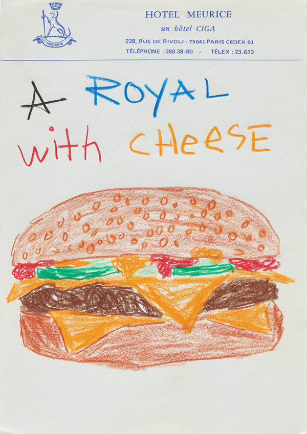 Drawing of cheeseburger with the words A Royal with Cheese written above it on hotel stationery
