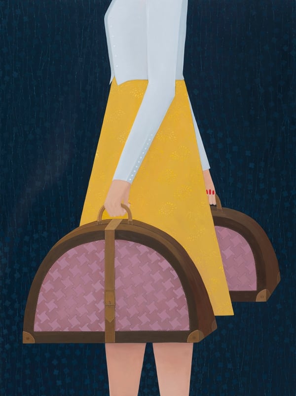 Painting of the bottom half of a woman holding two half circle shaped suitcases one in each hand. She is wearing a long yellow skirt and a white long sleeve blouse.