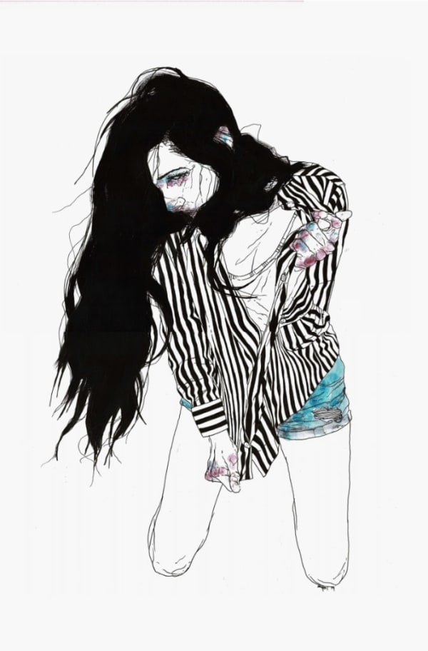 Painting by Bael i for "Supersonic Invitational X". Portrait of a woman kneeling.