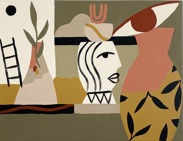 arrangement of earth tone objects including vases and a ladder