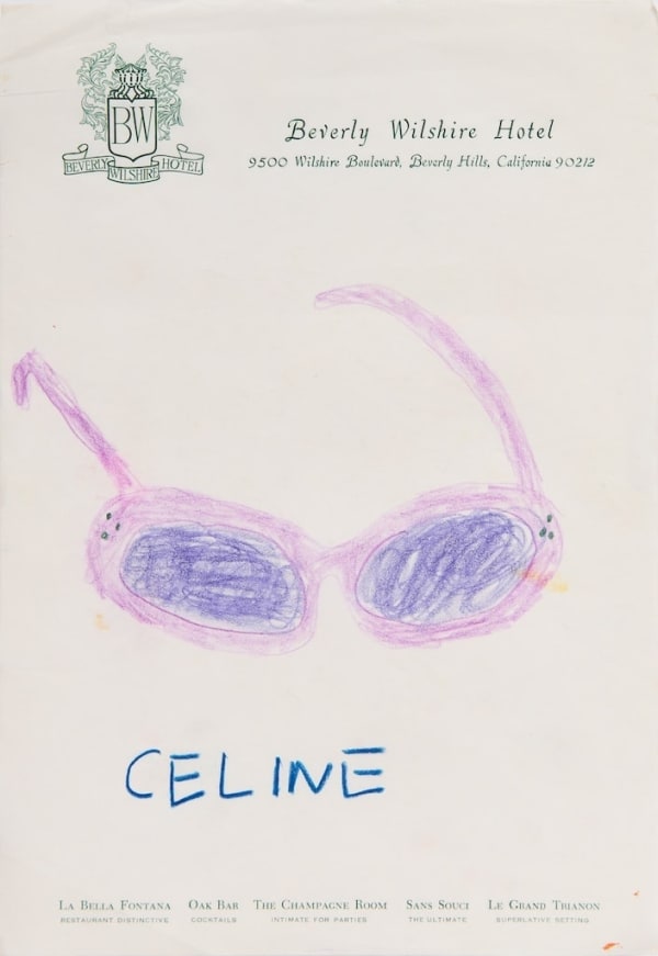 sketch of purple sunglasses with the text "celine" next to it