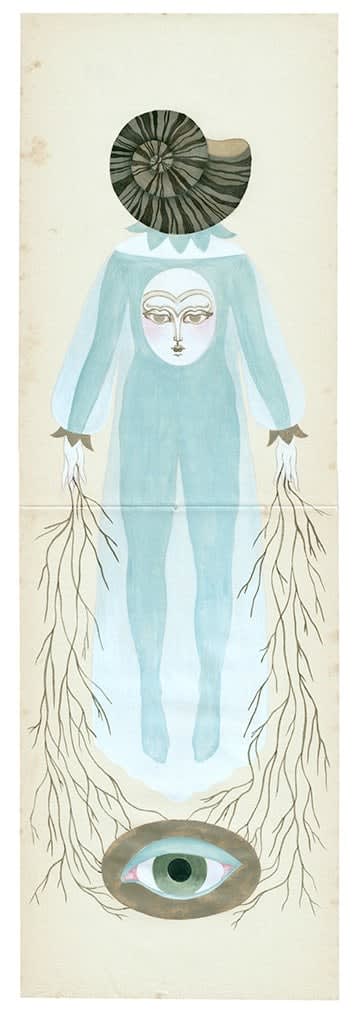 Watercolor painting of a human body in light blue with a human face on the chest and a seashell as a head and roots coming out of the hands floating above an eye