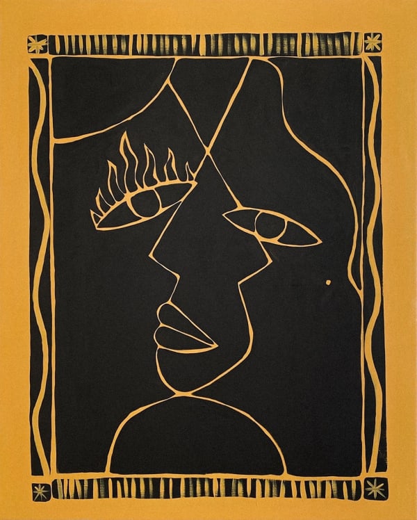 two yellow line drawn profile faces intersecting on top of a black backrgound