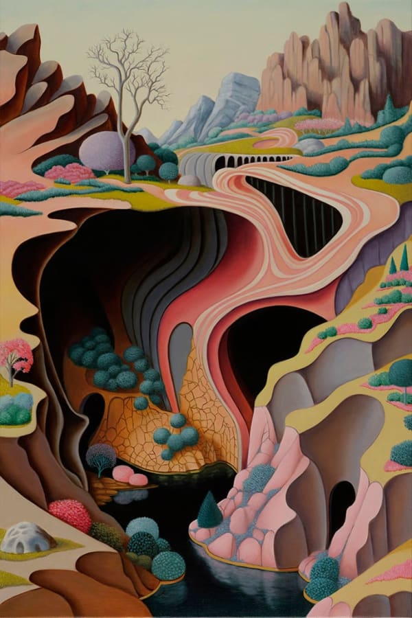 Painting of a colorful landscape with winding roads and caves
