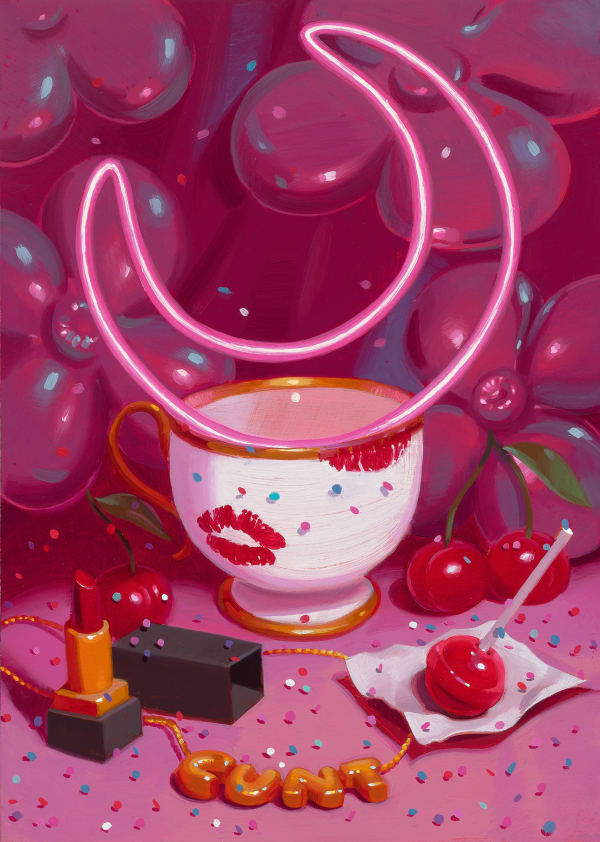 pink painting with red lipstick, a lollypop, a bracelet that says cunt, and a teacup with kisses on it and a neon pink moon in it