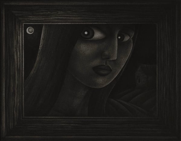 Painting in greyscale of a girl with a grey scale painted wooden frame