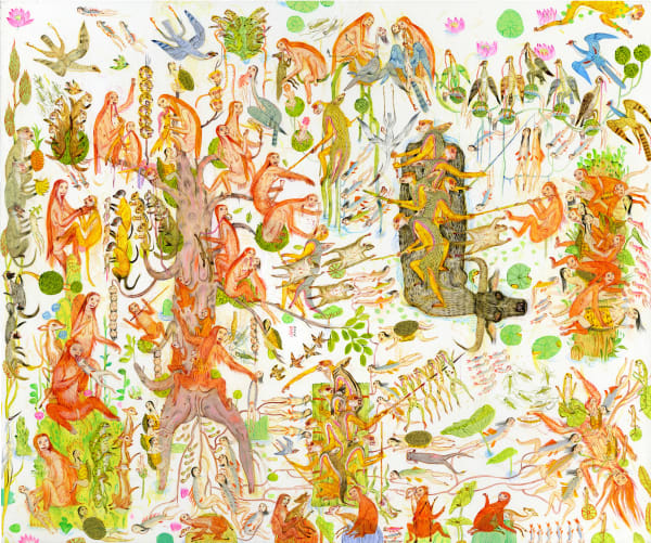 Painting by Mu Pan of creatures, animals and human hybrids eating, sleeping, killing, flying and climbing